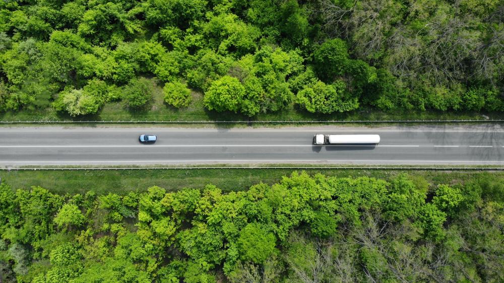 Caminhão em movimento em estrada com árvores no caminho.