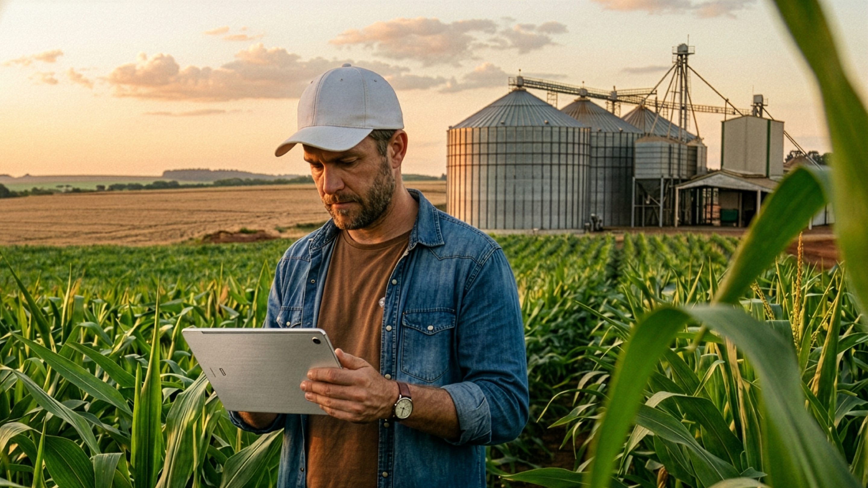 alt="Produtor rural utiliza tablet para monitorar a lavoura em área agrícola com silos ao fundo, demonstrando estratégias de gestão e mitigação dos riscos do agronegócio."