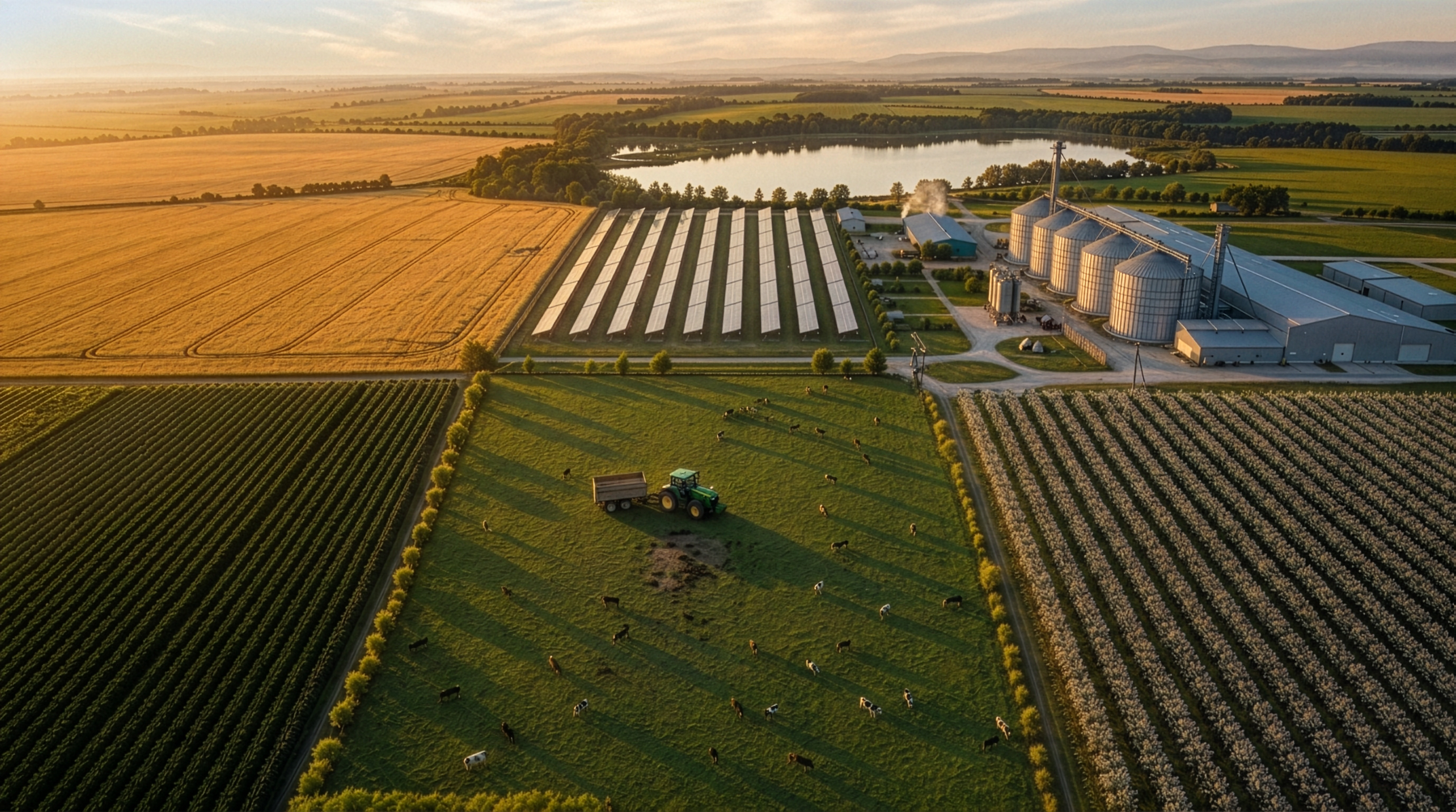 alt="Vista aérea de fazenda com lavouras, painéis solares e silos, ilustrando a agricultura sustentável e a integração entre produção agrícola e preservação ambiental."