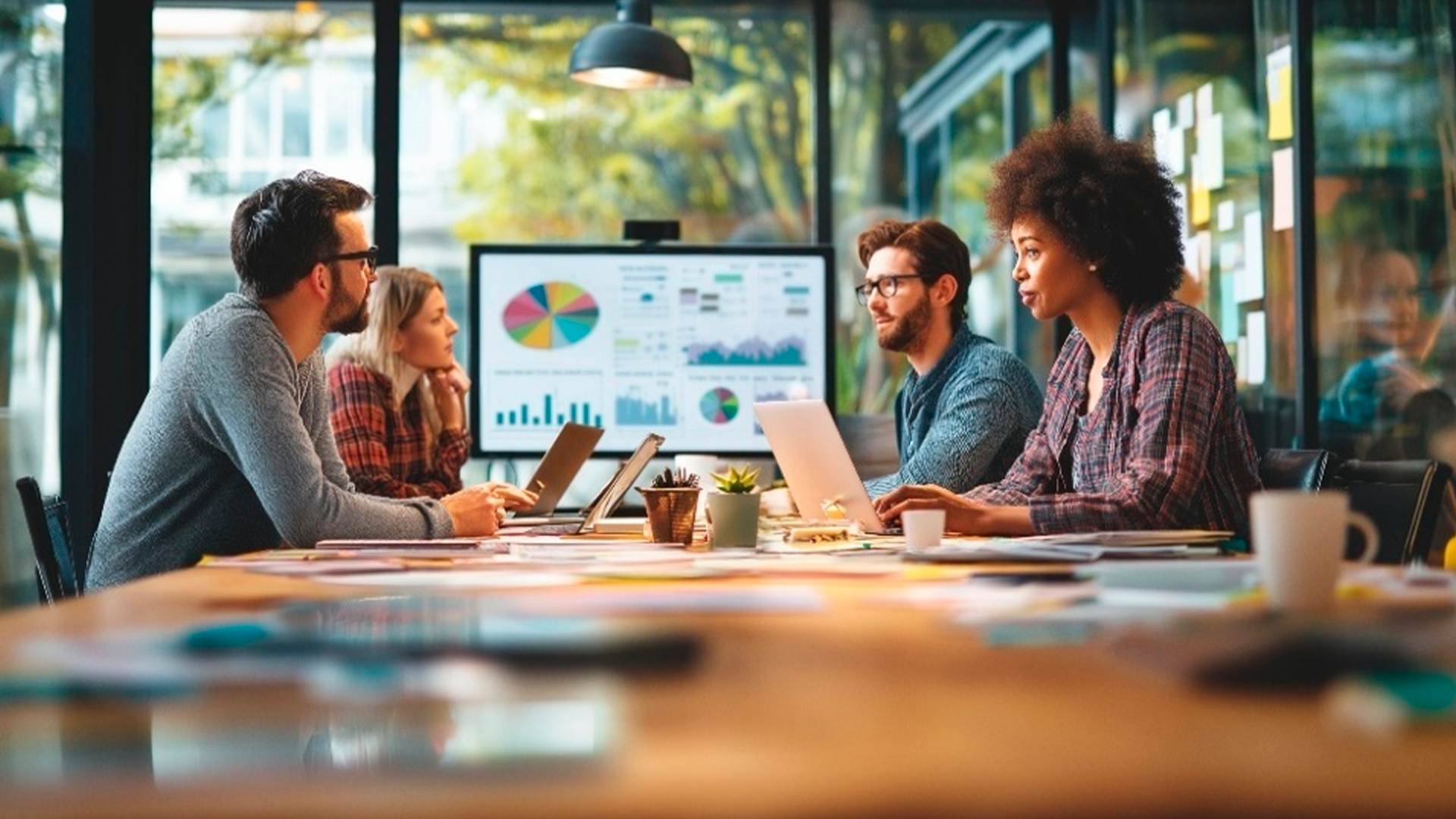 Equipe de profissionais discutindo gráficos de desempenho em uma reunião sobre governança corporativa e estratégias de crescimento para startups, em ambiente corporativo moderno e colaborativo.