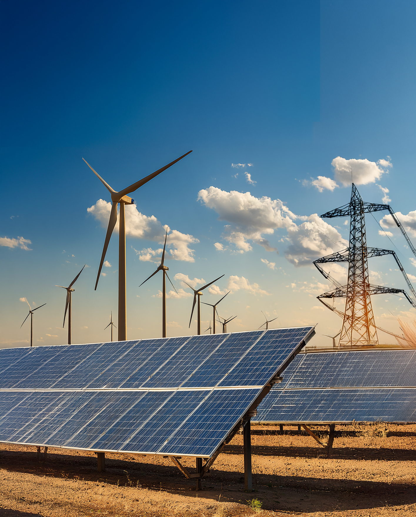 Painéis solares em primeiro plano, turbinas eólicas ao fundo e torre de transmissão elétrica sob céu azul, representando energia renovável.