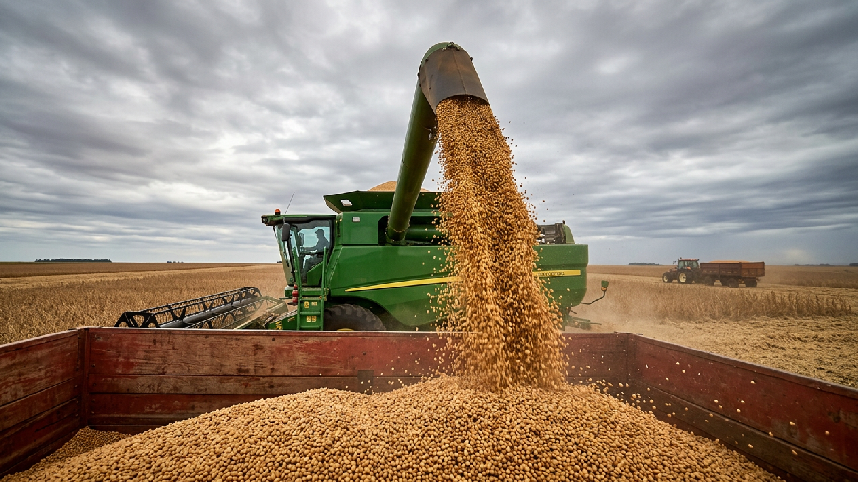 alt="Colheitadeira despeja grãos em caminhão durante a safra 2026/2027, cenário marcado por riscos climáticos e desafios no agronegócio.">